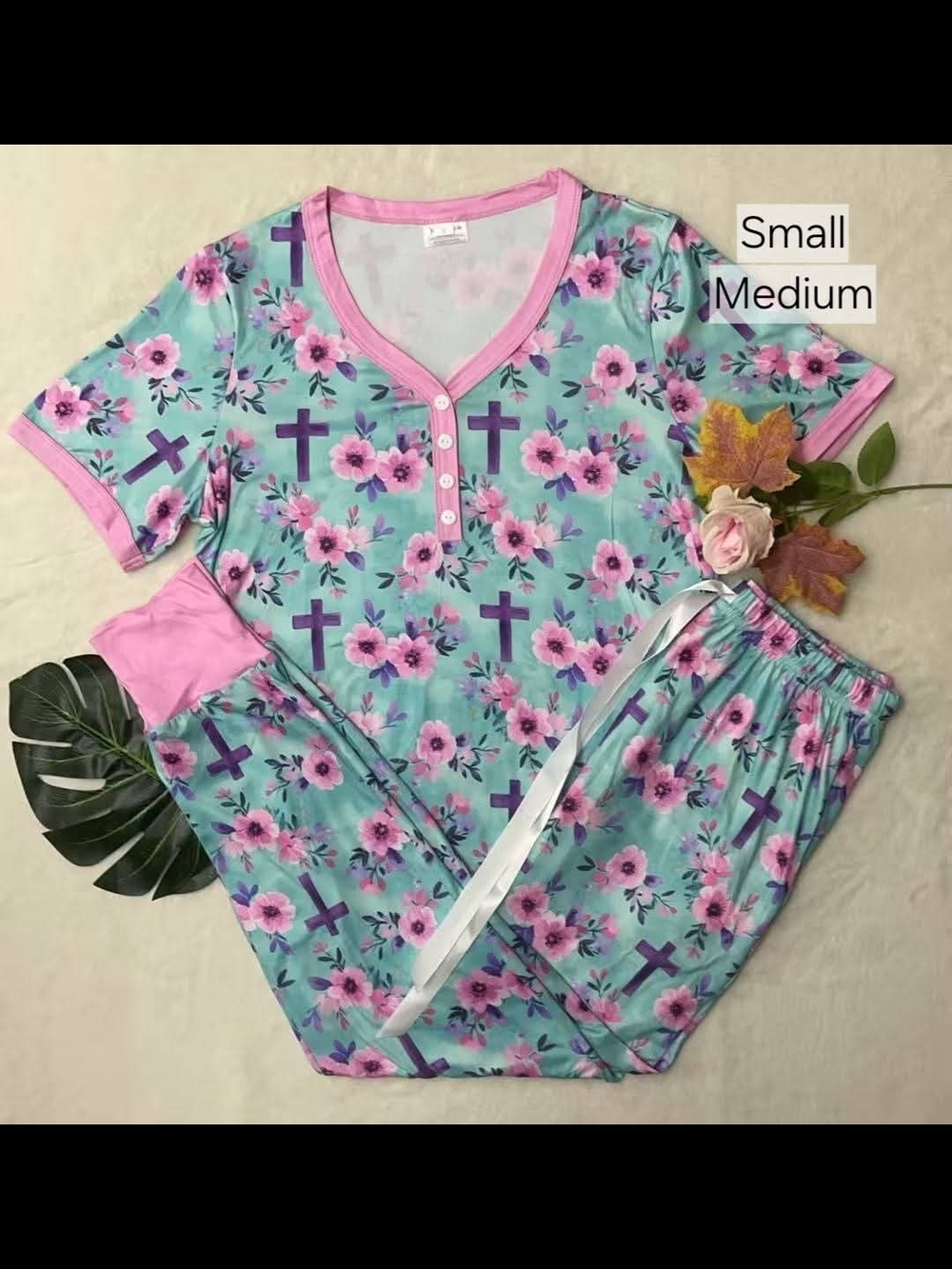 Floral Cross Print Pajama Set - Pink & Teal